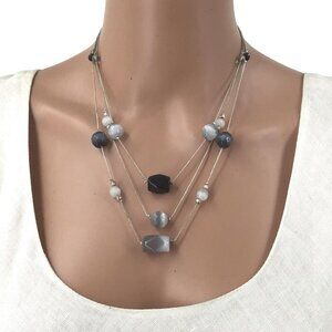 NY Co Triple Strand Necklace Silver Tone Dark Gray White